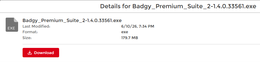 The Evolis download page for the Badgy Premium Suite driver package
