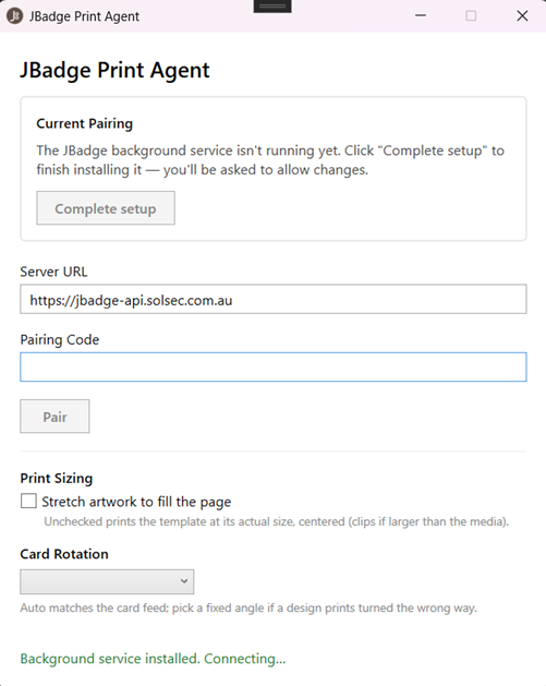 The JBadge Print Agent window, showing the Card Rotation dropdown below Print Sizing